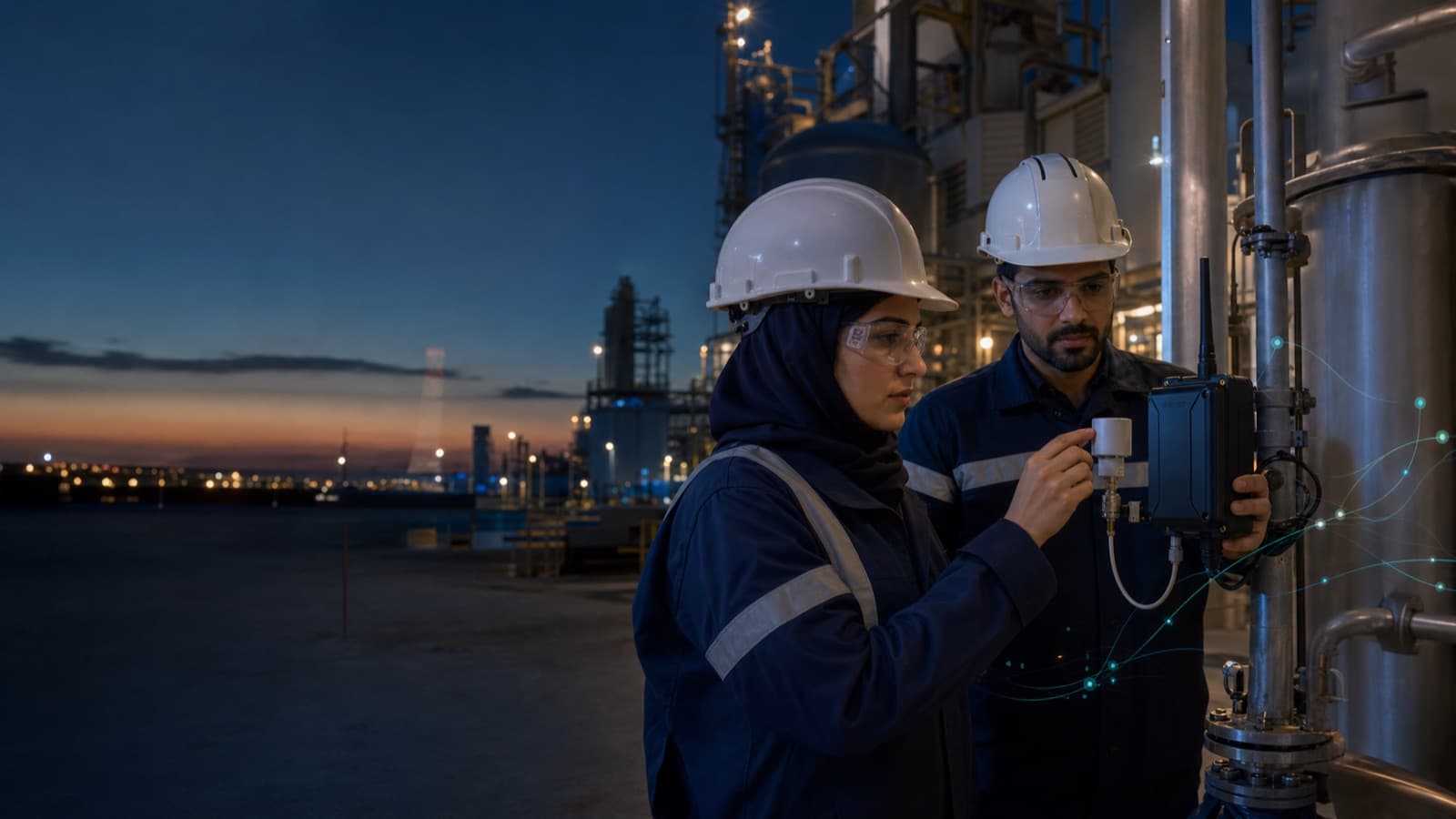 Two engineers inspecting a connected sensor and industrial edge gateway at a processing facility at blue hour.