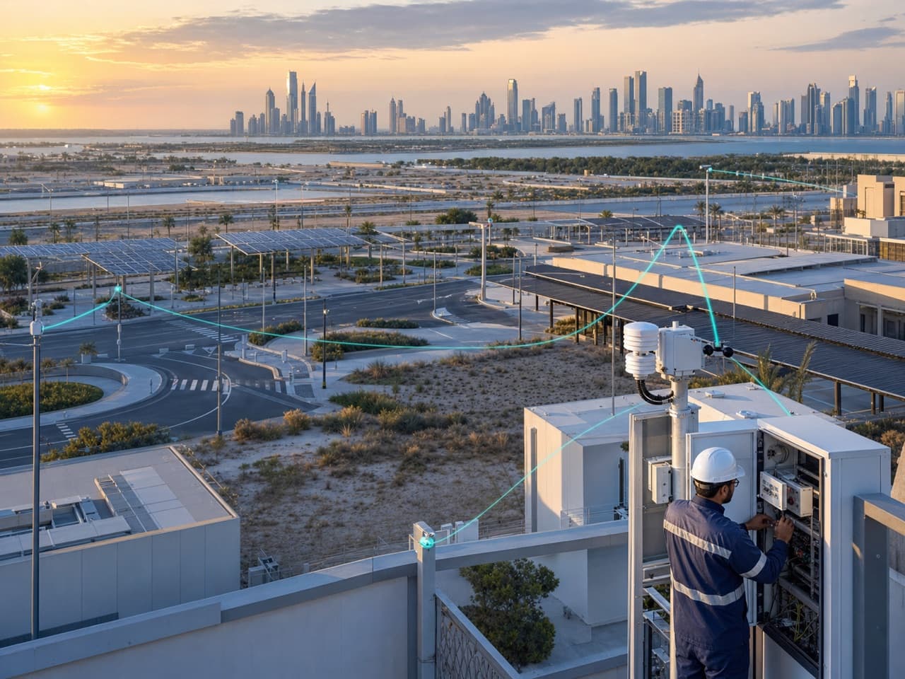 A technician servicing a connected environmental monitoring cabinet overlooking modern infrastructure in Doha.